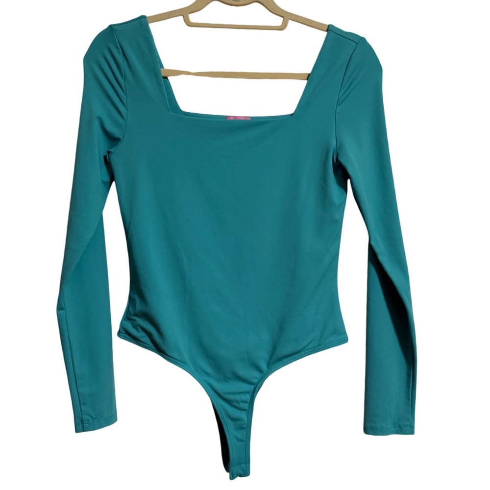 Mi Ami for Francesca's Teal Square Neck Long Sleeve Thong Bodysuit M
